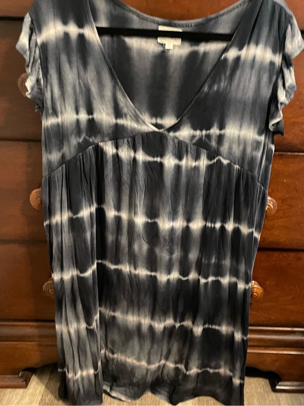 Navy blue tie dye soft knit Bibi xl babydoll mini dress flutter sleeve V neck